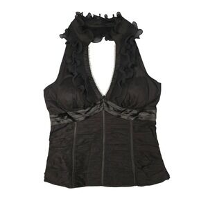 Oh YES Halter Top Women Large Black Y2K Ruffle Rhinestone V-Neck Ruched Clubwear